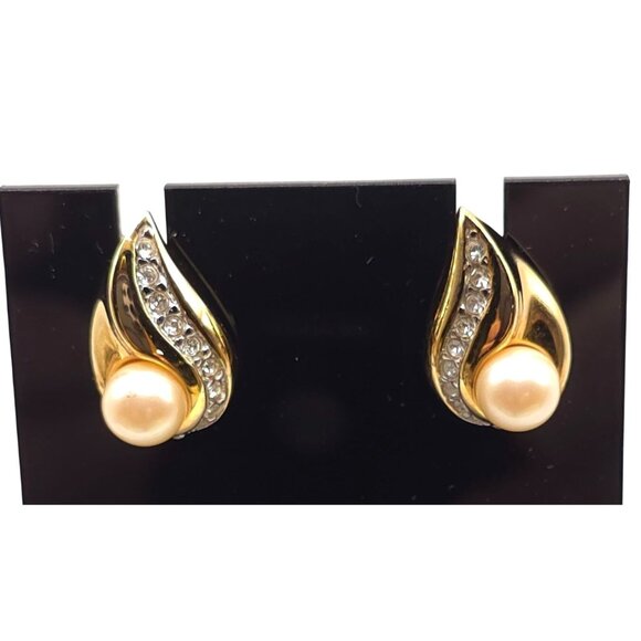 Monet Gold-Tone Earrings With Faux Pearl & Clear Gemstones - Picture 2 of 6